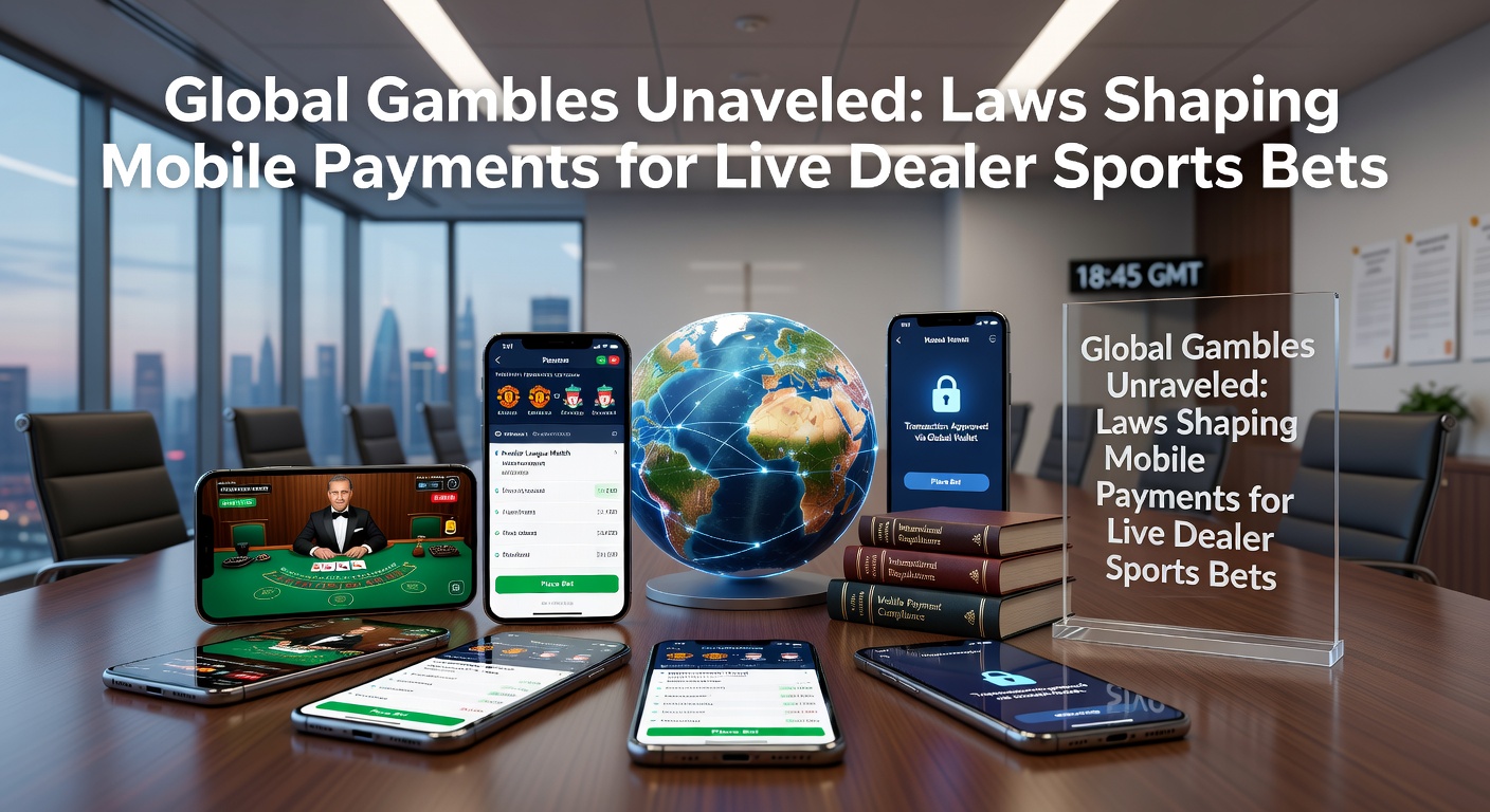 Smartphone mit Live-Sportwette und Zahlungsoptionen auf dem Bildschirm, umgeben von globalen Flaggen und Gesetzes-Symbolen