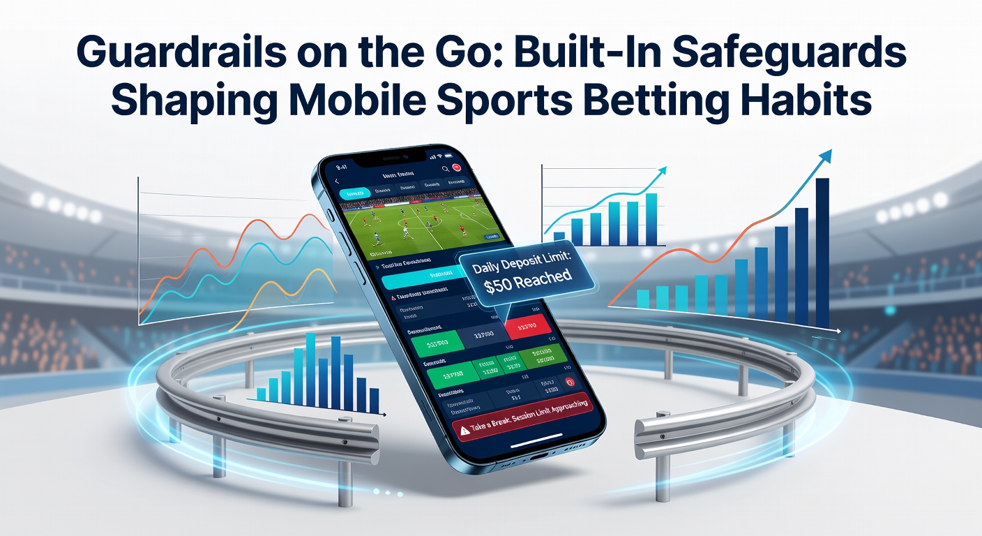 Smartphone mit Sportwetten-App, die Limits und Warnhinweise anzeigt, während ein Fußballspiel im Hintergrund läuft