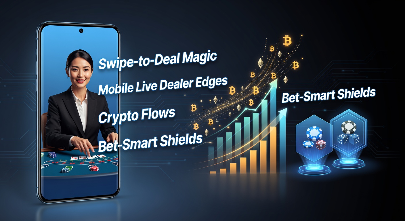 Smartphone mit Swipe-Geste bei einem Live-Dealer-Spiel, das Karten austeilt, umgeben von Krypto-Symbolen und Schutzikonen