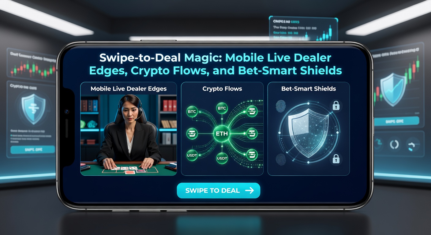Grafik zeigt Krypto-Transaktionsfluss in einem Swipe-to-Deal-Live-Spiel mit Schutzschild-Symbolen und mobilen Interfaces
